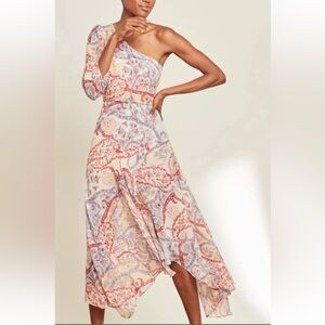 Veronica Beard Kimber One Shoulder Silk Midi Dress Womens 12 Boho Resort Wedding